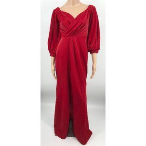 Fashion Nova Red Formal Christmas Balloon Sleeve Floor Length Front Slit Gown